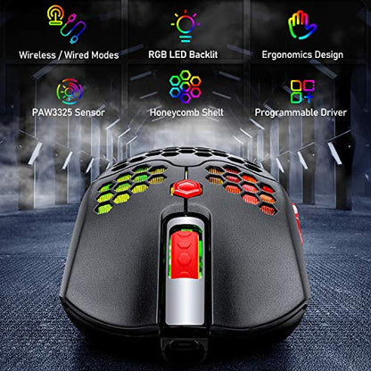 ZIYOU LANG Wired/Wireless Lightweight Gaming Mouse,16 RGB Backlit Mice with 7 Buttons Programmable Driver,PAW3325 12000DPI,Rechargeable 800mA Battery,Lightweight Honeycomb Shell Mouse for PC Gamer - color: Black Red