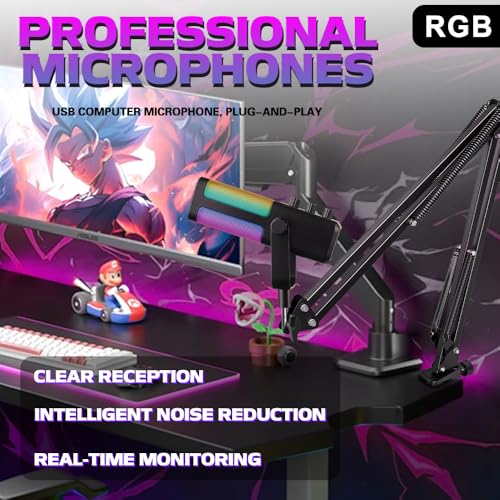 M7 USB Gaming Microphone with Boom Arm - Professional RGB Condenser Mic for PC/PS5 - Triple-Knob Control (Mic Gain, Headphone Vol, Monitor Mix) - Zero Latency Streaming Kit Mic Black - color: M7 arm stand