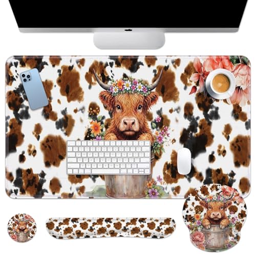 Arttown Highland Cow Flower Desk Mat Leaves Cartoon Print Mouse Pad Set 4 in 1 Ergonomic Design Large Mousepad + Keyboard Wrist Rest + Mouse Wrist Rest + Coaster Suitable for Home Office Study Game - color: Cute Highland Cow