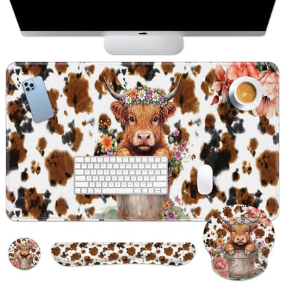 Arttown Keyboard Mouse Pad Set, 4 in 1 Desk Mat Set Highland Cow | Flower Leaves Cartoon Large Mousepad+Keyboard Wrist Rest+Mouse Wrist Rest+Coaster Ergonomic Design for Home Office Computer - color: Cute Highland Cow