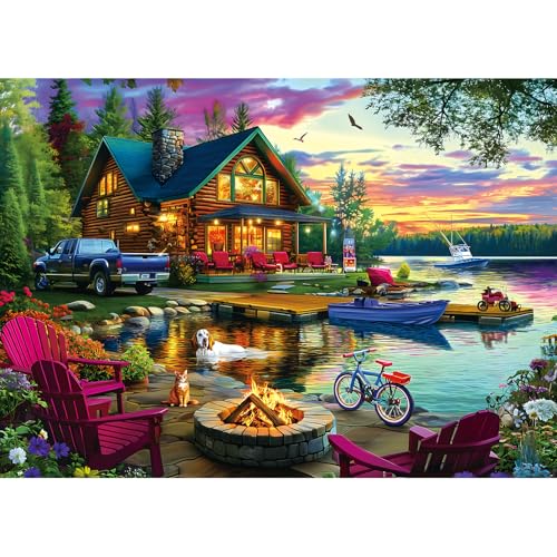 1000 Piece Puzzle for Adults Lakeside Sunset Log Cabin Jigsaw Adult Puzzles with Fire Pit & Dock Lake Landscape Puzzle with Letters on Back, Fun Games for Adult Game Night - color: Colorful- Sunset Log Cabin