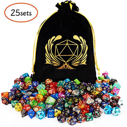 Coyeekn 25-Set DND Polyhedral Dice with Storage Pouch | 175 Total Polyhedral Dice, 7 Per Set, 25 Complete Dice Sets (D4-D20), Great for D&D, MTG & Tabletop RPG Games - color: 25set-175pcs