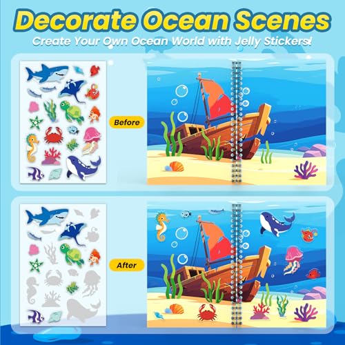 Ocean Reusable Sticker Book for Toddlers, DIY Make-a-face Jelly Stickers | Make A Face & Scene Decoration Play, 57 Washable&Reusable Jelly Stickers, Portable Travel Friendly, Airplane Trip Essentials - style: Ocean