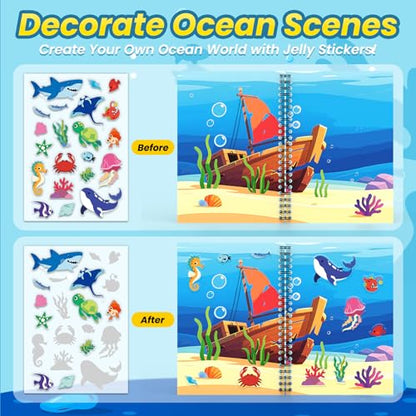 Ocean Reusable Sticker Book for Toddlers, DIY Make-a-face Jelly Stickers | Make A Face & Scene Decoration Play, Washable and Reusable Jelly Stickers, Portable Travel Friendly, Airplane Trip Essentials - style: Ocean