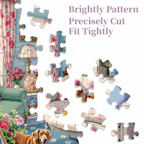 Living Room Puzzle 1000 Pieces for Adults, Flower Dog Jigsaw Puzzle, Challenging Floral Room Puzzle as Wall Decor