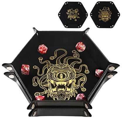 Grajar 2 Pcs Portable Folding Dice Rolling Tray Set for RPG DND Table Games - PU Leather and Velvet Holder Storage Box - Beholder - color: Beholder