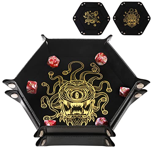 Grajar 2 Pcs Portable Folding Dice Rolling Tray Set for RPG DND Table Games - PU Leather and Velvet Holder Storage Box - Beholder - color: Beholder