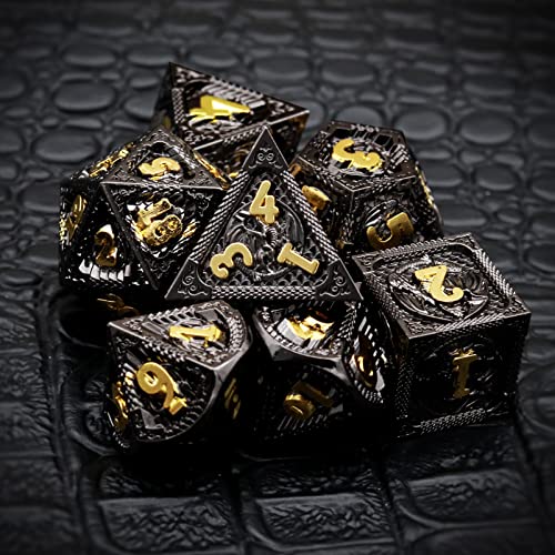 Haxtec Metal DND Dice Set Black Gold Metal D&D Dice with Fire-Breathing Dragon Elements & Leather Dice Bag Polyhedral Dice Compatible with Dungeons and Dragons TTRPG Gifts - color: Black Gold