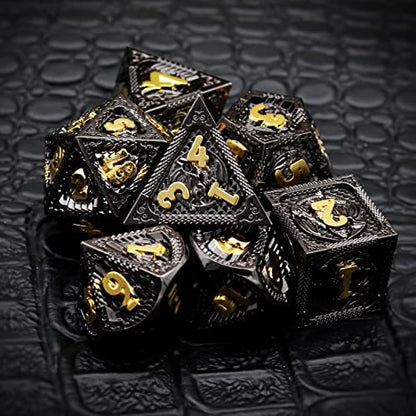 Haxtec Metal DND Dice Set Black Gold Metal D&D Dice with Fire-Breathing Dragon Elements & Leather Dice Bag Polyhedral Dice Compatible with Dungeons and Dragons TTRPG Gifts - color: Black Gold