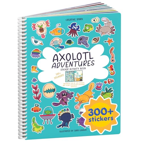 Axolotl 300+ Kids Sticker Book by Cupkin Toddler Airplane Travel Coloring and Sticker Book, Road Trip Essentials, 8 Coloring Pages 8 Side by Side Scenes for Ages 2–8 Years - color: Axolotl Adventures