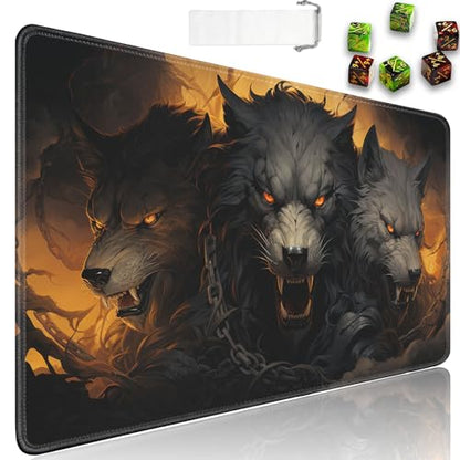 JVGFYNKL MTG Playmat + Drawstring Travel Pouch + 6 Dice Counter, for Tabletop Trading Card Game Playmats or Large Mouse Pad, Anti-Slip Rubber 24 x 14 in, Ferocious Wolf TCG Playmat - color: JV-Playmat-1-F-174