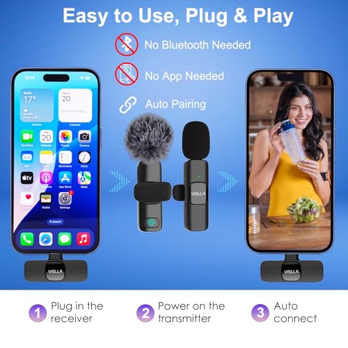 Vislla Mini Microphone for iPhone & Android,11H Battery, Noise Cancelling Wireless Lavalier Mic, Clip On Lapel Mic Pro for Content Creator Vlogging/YouTube/Tiktok/Video Recording/Streaming/Interview