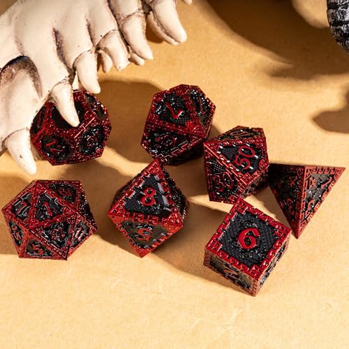 UDIXI Metal DND Dice Set, Metal Dice Set D&D for Tabletop Games (Black Red) | 7-Pieces, Dragon Carved, Chain-edge Design, Metal Gift Box, DM Gift, for Dungeons and Dragons Role Playing Games - color: Chain Frame-red Black