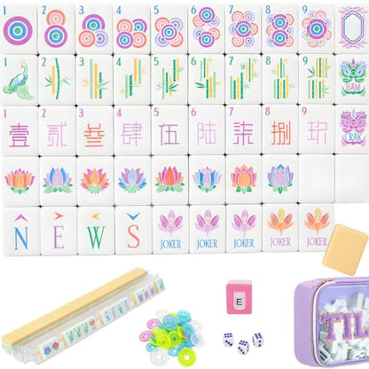 Mahjong Tile Set, 4-Layer American Mahjong Tiles with 50 Chips,3 Dice & Blue Printed Carrying Bag Case, 160 Pcs Mahjong Sets with Acrylic Engraving for Home, Travel & Game Nights - color: Pink