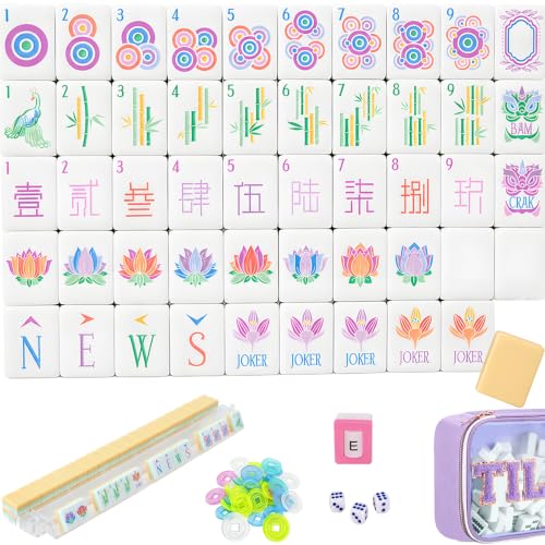 Mahjong Tile Set, 4-Layer American Mahjong Tiles with 50 Chips,3 Dice & Blue Printed Carrying Bag Case, 160 Pcs Mahjong Sets with Acrylic Engraving for Home, Travel & Game Nights - color: Pink