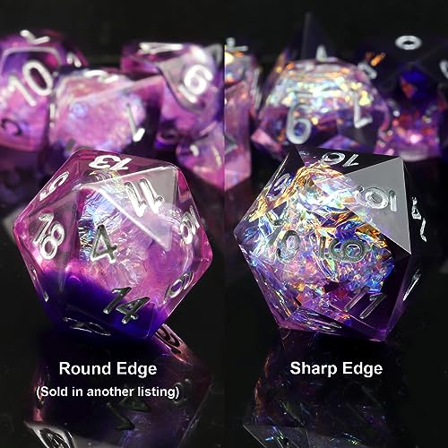 Haxtec Sharp Edge DND Dice Set, Purple Resin Polyhedral RPG Dice | Holographic D&D Dice for Table Games, Compatible with Dungeons and Dragons, Handmade 7-Die with Metal Case, TTRPG Gifts - color: Purple Black