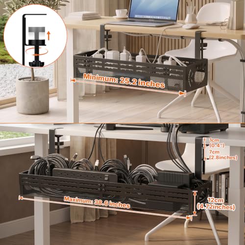 Under Desk Cable Management Tray, 15-25in Retractable Metal Cord Organizer Rack, No Drill Desk Tray with Clamp, Anti-Slip Pads Cable Tray for Home, Office, Gaming, Standing Desks