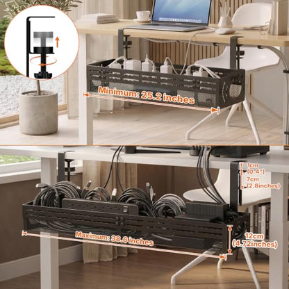 Under Desk Cable Management Tray, 15-25in Retractable Metal Cord Organizer Rack, No Drill Desk Tray with Clamp, Anti-Slip Pads Cable Tray for Home, Office, Gaming, Standing Desks