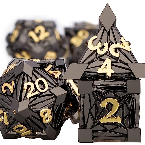7PCS Metal DND Dice Set with Box, Debris RPG Black Gold D and D Dice for use with D&D Tabletop Games Role Playing Game Polyhedral Dice Set D20 D12 D10 D8 D6 D4 - color: Black Gold