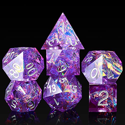 DNDND Sharp Edge Dice Set,Handmade 7 Piece DND Dice with Gift Case for DND Dungeons and Dragon Game (Purple with Silver Number) - color: Purple With Silver Num