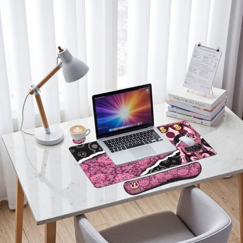Pink Skull Desk Mat Set Cute Goth Aesthetic Large Mouse Pad with Wrist Rest 4in1 Desk Mat for Desktop Ergonomic Computer Desk Arm Wrist Anti-Slip Computer Ergonomic Mouse Pad Home Office Gaming - color: Pink Skull