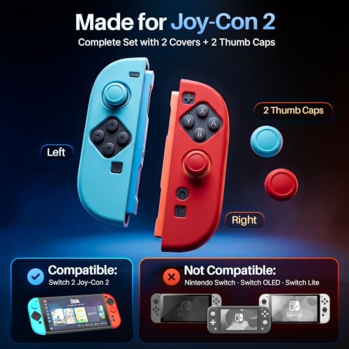 TNP JoyCon Cover for Nintendo Switch 2 Controller Case, Red/Blue | 2-Piece Anti-Slip Skin Set for Left and Right Joy-Con 2 Controllers with Matching Thumb Grip Caps; Controllers Not Included - color: Red+Light Blue