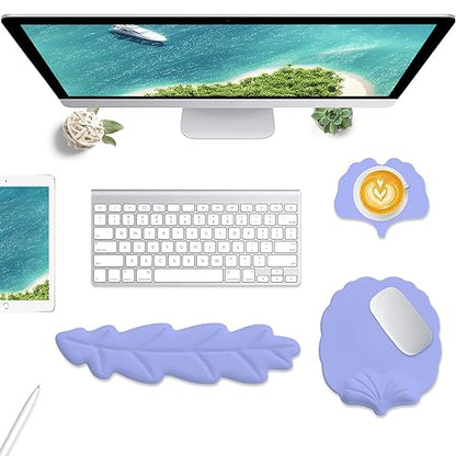 Keyboard Wrist Rest and Mouse Pad with Wrist Support Set, Ergonomic Leaf Shape Mouse Pad with Non-Slip Base, Pain Relief Memory Foam Mousepad for Computer,Laptop,Home Office, Purple - color: Purple