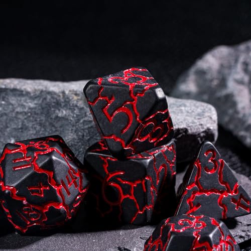 Black DND Dice Set Cracked Polyhedral Dice Set D&D for Tabletop Game | Leather Storage Bag, DM Gift, for Dungeons and Dragons Role Playing Games - color: Crackle-red
