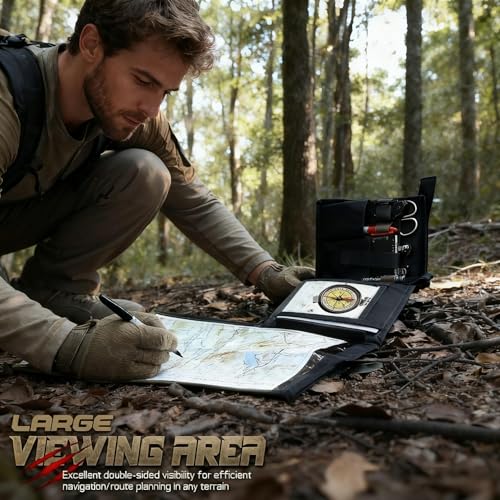 Military Map Case & Tactical Map Pouch with MOLLE, Waterproof TPU Holder | 13"x10" Clear Viewing Area, Foldable Design, 1000D Oxford, Land Navigation Kit for Hiking & Patrol - color: Black