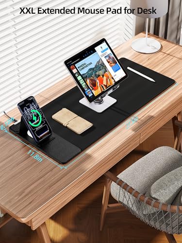 Mouse Pad with Magnetic Wireless Charging & Adjustable Phone Stand | 27.5"x11.8" Computer Mouse Mat with Anti-Slip Base & Stitched Edge, Easy Gliding, Spill-Resistant Surface, Black - color: Black-Magnetic Stand-27.5"x11.8"-Left