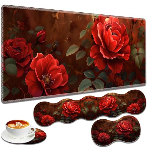 Large Gaming Mouse Pad + Keyboard Wrist Rest + Wrist Support + Coaster Set, Memory Foam Ergonomic for Easy Typing, XXL Extended Gaming Mouse Pad Table Pad - Red Rose - color: Red Rose