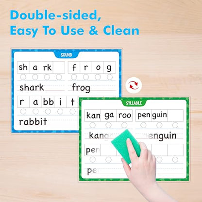 2PCS Phonemic Awareness Boards, Fully Laminated Double-Sided Syllable Cards, Dry-Erase Phonics Games, Speech Therapy Material Learning Board for Kids, Students, Classroom and Home (8.5” x 11”)