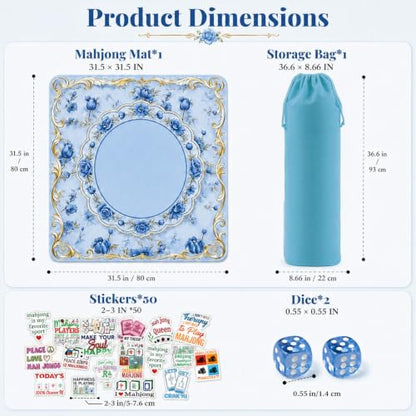 Blue Mahjong Mat for Table & 50PCS Stickers| Carrying Bag, Heavy Floral Mahjong Mats & 2 Dices, Noise Reduction Non Slip Foldable, 31.5x31.5 Game Table Cover, for Playing Card, Board Tile Games - color: Blue