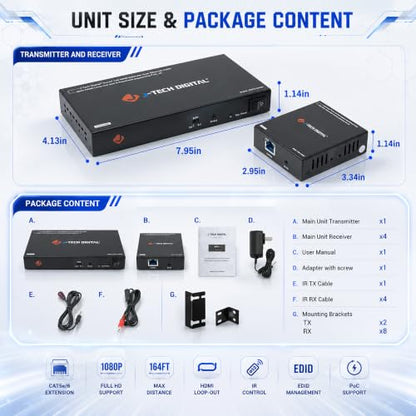 J-Tech Digital 1080P 60Hz HDMI Extender Splitter Over Single Cat5e/6 Ethernet Cable 1 in 4 Out Up to 164ft. Features Local HDMI Loop-Out, PoC, IR Control, Audio EDID Switch - size: 1x4