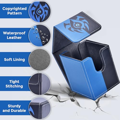 Card Deck Box with 2 Dividers, MTG Commander Deck Box Holds 100+ Double-Sleeved Cards, Leather Magnetic Deck Case Compatible with Magic TCG CCG Cards, Blue/Black - color: 1. Blue & Black, size: 100 Double-sleeved Cards Vertical