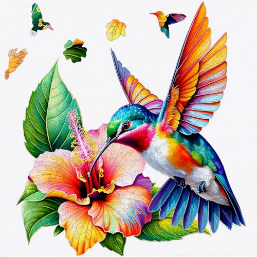 Wooden Puzzles for Adults, Hummingbird Wooden Jigsaw Puzzle 200 Piece, Unique Animal Shaped Wood Puzzles Adults, Colorful Floral Bird Jigsaw Puzzles for Adults Kids Family Game Home Wall Decor 11x11in - color: Hummingbird, size: 200PCS