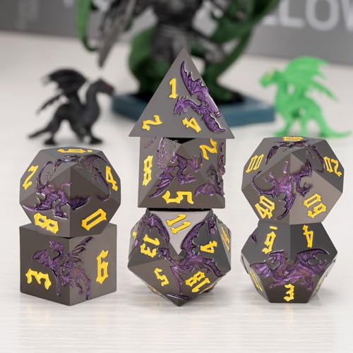 D&D Metal Dragon Dice Set with Dragon, Metallic Polyhedral Dice Set for Dungeons and Dragons RPG TTRPG D&D Die with Gift Case - color: Dragon-pearl Gun Glitter Purple