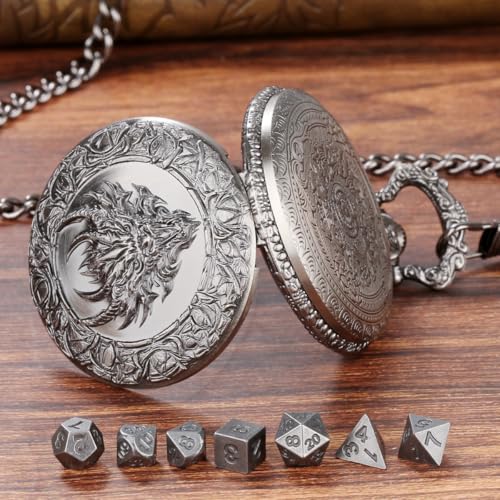 Mini DND Dice Set, with Steampunk Dragon Head Pocket Watch Shell Case, 7-Piece Polyhedral Metal D&D Dice, DND Gift Bag with Dragon Logo, MTG, Role Play Board Game Accessories, Dark Silver