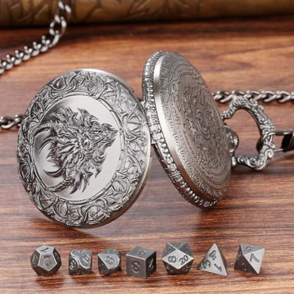Mini DND Dice Set, with Steampunk Dragon Head Pocket Watch Shell Case, 7-Piece Polyhedral Metal D&D Dice, DND Gift Bag with Dragon Logo, MTG, Role Play Board Game Accessories, Dark Silver