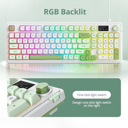 RGB Mechanical Feel Membrane Wireless Keyboard, Wired/Bluetooth/2.4G Silent ABS Ball Cap Gasket Structure Gaming Office Keyboard for PC/Mac/Win(White Green) - color: White green
