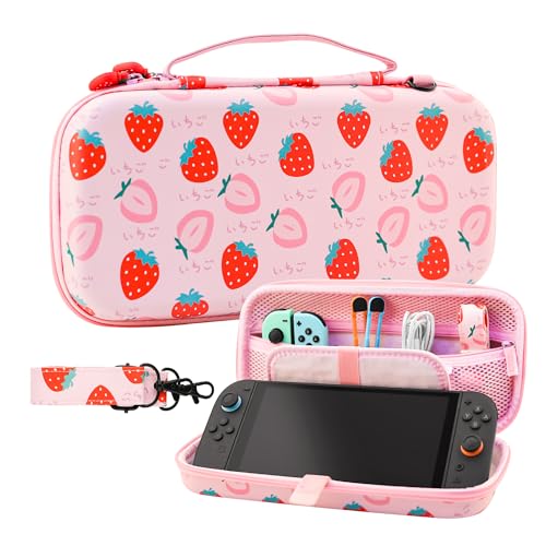 GLDRAM Pink Strawberry Carrying Case for Nintendo Switch 2 (2025), Cute Portable Hard Shell Travel Single Bag with 10 Game Card Slots & Shoulder Strap - color: Strawberry
