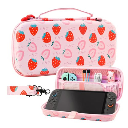 GLDRAM Pink Strawberry Carrying Case for Nintendo Switch 2 (2025), Cute Portable Hard Shell Travel Single Bag with 10 Game Card Slots & Shoulder Strap - color: Strawberry