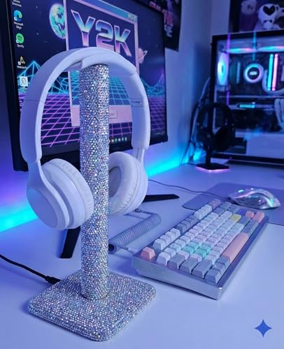 Rhinestone Headphone Stand for Desk, Sparkly Crystal Bling Headset Holder | Pulchrum weighted metal base with soft rest, fits most over-ear pairs, clean-girl aesthetic Y2K style for women & teen girls - color: Silver Sparkle