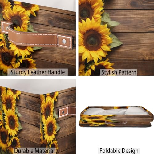 13x13 Inch Storage Basket Bin Sunflower On Wooden Board Polyester Cloth Storage Cube Box Toys Clothes Towels Organizer for Kids Room Bedroom Shelves Pantry
