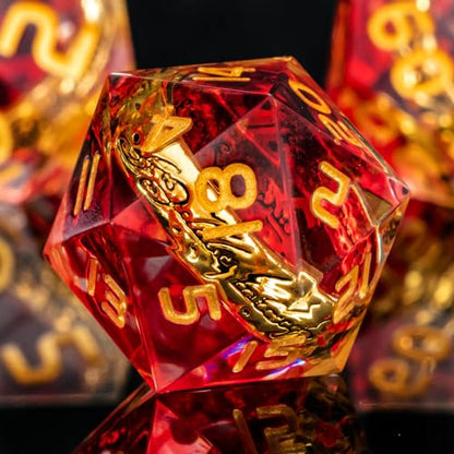 OUKELANWO Magic Lord Rings DND Dice Set with Box, 7Pcs Resin LOTR D&D Dice Set for Role Playing Game, Red Gold Dungeons Dragons D and D Sharp Edge Dice D20 D12 D10 D8 D6 D4 - color: Red