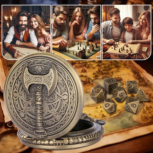 Mini DND Dice Set with Steampunk Barbarian Axe Pocket Watch Shell Case, 7pcs Polyhedral Metal DND Dice Set, D&D Gifts with Gift Box, Role Playing Board Games DND Accessories, Bronze - color: Bronze