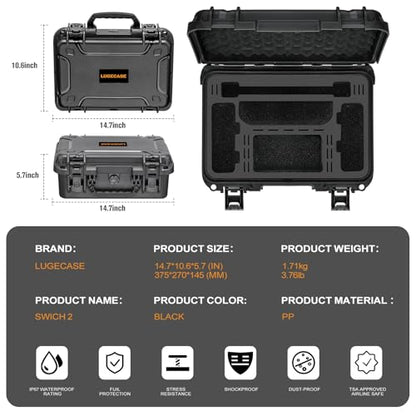 LUGECASE Carrying Case for Nintendo Switch 2: Extra Large Capacity | Ip67 Waterproof | Deluxe Soft Lining Hard Travel Carrying Case for Switch 2 Console | Pro Controller | Dock & Accessories (Black) - color: Black