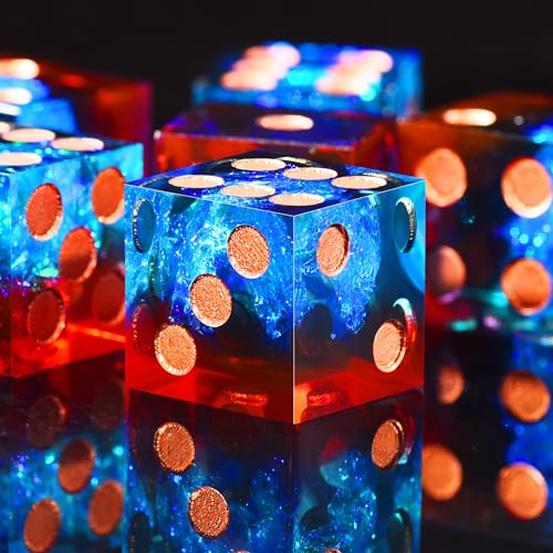 AUSTOR 6 Sided Dice 16mm, 6 Pieces D6 Dice Handmade Sharp Edge Resin Dices Set with Metal Case for Tenzi, Farkle, Yahtzee, Bunco or Teaching Math, Flame Red & Ice Blue - color: Flame Red & Ice Blue