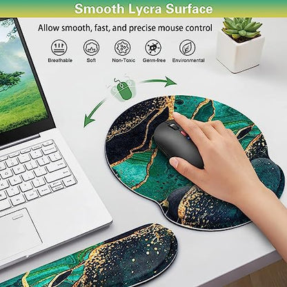 Mouse Pad Green with Wrist Rest Set, 3-in-1 Wrist Support Mousepad | Gaming Mat Pad with Anti-Skid Base,Ergonomic Mouse Pad ,Memory Foam Gel Wrist Rest for Computer Keyboard - color: Dark Green Marble