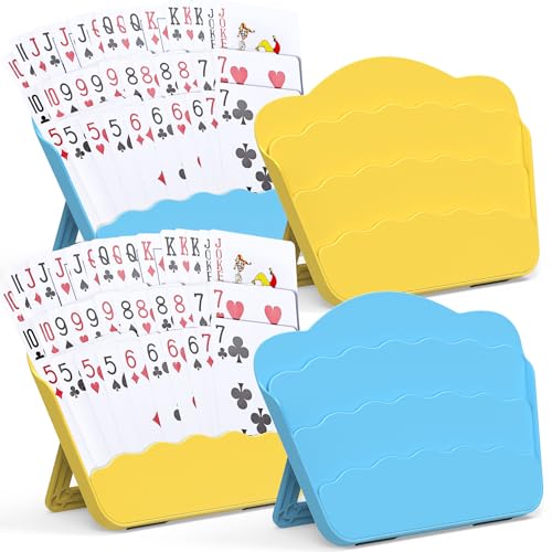 RESOVO Playing Cards Holders Stands Decks w/Foldable Tabletop Stand, 3 Layers Design for Poker UNO Cards, Playing Card Accessories, Set of 4 (2 Blue + 2 Yellow) - color: 2 Blue + 2 Yellow